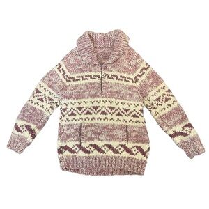 Vintage Cowichan Burgundy Cream Cowl Neck 1/4 Zip Handmade Sweater Kangaroo Pckt